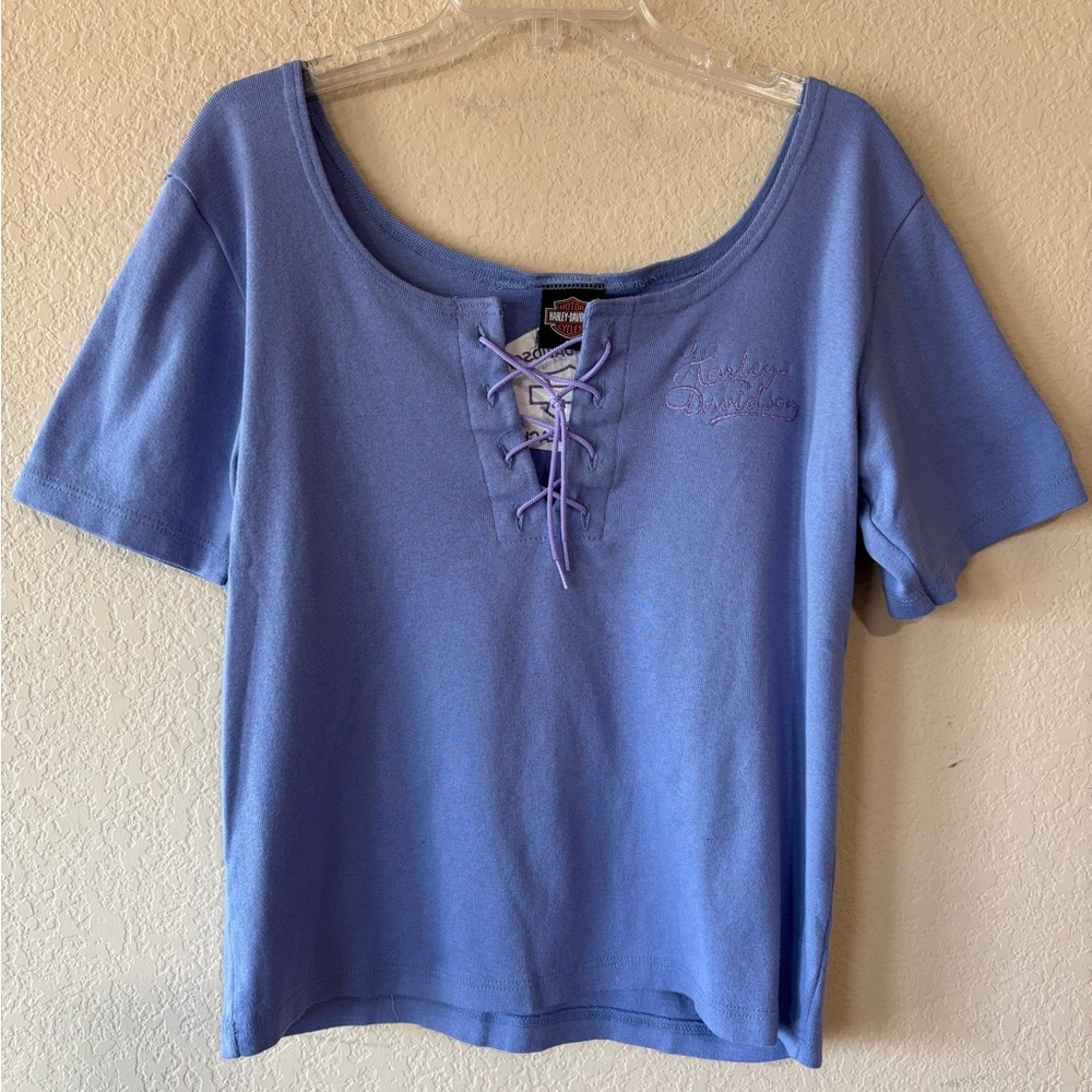 Women Harley Davidson Shirt 2X Daytona Beach Tie Lace Up Purple USA‎ Scoop Neck